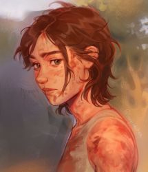 Rule 34 | 1girl, bare shoulders, blood, blood on clothes, blood on face, brown hair, dirty, dirty clothes, dirty face, ellie (the last of us), foxystaches, highres, looking at viewer, messy hair, outdoors, shirt, short hair, solo, tank top, the last of us (series), the last of us 2, twitter username, upper body, wavy hair, white shirt