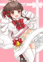 Rule 34 | 1girl, bell, black hair, blue dress, bow, brown eyes, cocoperino, dress, floral print, fur-trimmed dress, fur trim, hooded dress, kantai collection, official alternate costume, red bow, red ribbon, ribbon, short hair, short hair with long locks, solo, standing, thighhighs, ukuru (kancolle), white dress, white thighhighs