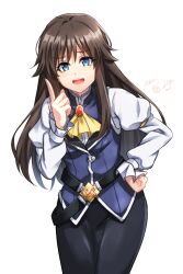 Rule 34 | 1girl, ascot, belt, black belt, blue eyes, blue vest, brown hair, dated, goblin slayer!, hand on own hip, highres, index finger raised, inspector (goblin slayer!), juliet sleeves, kankitukou, long hair, long skirt, long sleeves, looking at viewer, open mouth, puffy sleeves, simple background, skirt, solo, vest, white background, yellow ascot