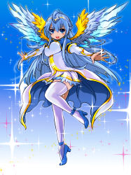 Rule 34 | 1girl, ahoge, andromeda (p&amp;d), anklet, blue eyes, blue hair, blush, braid, dark-skinned female, dark skin, dress, feathered wings, full body, high heels, highres, jewelry, leg up, long hair, matching hair/eyes, pikomarie, pumps, puzzle &amp; dragons, solo, sparkle, thighhighs, white thighhighs, wings, zettai ryouiki