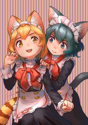 Rule 34 | 2girls, :d, absurdres, alternate costume, animal ear fluff, animal ears, apron, blonde hair, blue eyes, cat ears, cat tail, commentary request, enmaided, extra ears, fang, fang out, green hair, highres, kaban (kemono friends), kemono friends, kemono friends 3, kemonomimi mode, long sleeves, looking at another, maid, maid headdress, multiple girls, open mouth, serval (kemono friends), serval tail, short hair, signature, simple background, skin fang, smile, striped, striped background, striped tail, tail, vertical stripes, waist apron, welt (kinsei koutenkyoku), yellow eyes