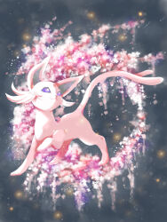 Rule 34 | :3, animal focus, cherry blossoms, creature, creatures (company), espeon, flower, forehead jewel, forked tail, game freak, gen 2 pokemon, grey background, highres, nintendo, no humans, pink flower, pink fur, pokemon, pokemon (creature), purple eyes, solo, tabi bito, tail