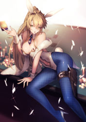 Rule 34 | 1girl, ahoge, animal ears, artoria pendragon (all), artoria pendragon (fate), artoria pendragon (swimsuit ruler) (fate), bare shoulders, blonde hair, blue pantyhose, braid, breasts, card, casino card table, cleavage, detached collar, fake animal ears, fate/grand order, fate (series), feather boa, genyaky, glint, green eyes, hair between eyes, high heels, highres, holding, holding card, large breasts, leotard, long hair, looking at viewer, navel, necktie, pantyhose, playboy bunny, playing card, ponytail, rabbit ears, reclining, red lips, sidelocks, signature, solo, table, thigh strap, white footwear, white leotard, wrist cuffs
