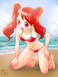 Rule 34 | 10s, 1girl, artist logo, barefoot, beach, bikini, blush, body blush, breasts, collarbone, feet, food, food-themed hair ornament, fruit, hair ornament, hand on own knee, highres, kasuga rurito, kirakira precure a la mode, kneeling, long hair, looking at viewer, navel, ocean, open mouth, precure, red eyes, red hair, sand, small breasts, smile, solo, strawberry, swimsuit, toes, twintails, usami ichika, water