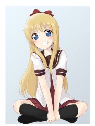 Rule 34 | 1girl, absurdres, bad id, bad pixiv id, black socks, blonde hair, blue background, blue eyes, blush, bow, full body, grin, hair bow, hair ornament, highres, indian style, kneehighs, looking at viewer, nanamori school uniform, no shoes, red bow, school uniform, short sleeves, simple background, sitting, skirt, smile, socks, solo, toshinou kyouko, two-tone background, user afpk7473, v-shaped eyebrows, v arms, white background, yuru yuri