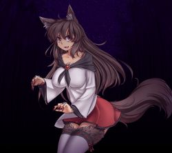 Rule 34 | &gt;:d, 1girl, :d, animal ears, arm hair, bamboo, bamboo forest, blouse, breasts, brooch, brown hair, capelet, collarbone, fingernails, forest, fur, hairy legs, hater (hatater), highres, imaizumi kagerou, jewelry, large breasts, long fingernails, long hair, long sleeves, looking at viewer, miniskirt, nail polish, nature, night, night sky, open mouth, red eyes, red nails, red skirt, ribbon-trimmed legwear, ribbon trim, sharp fingernails, shirt, skirt, sky, smile, solo, star (sky), starry sky, tail, thighhighs, touhou, v-shaped eyebrows, white shirt, wide sleeves, wolf ears, wolf tail, zettai ryouiki