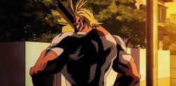 Rule 34 | 10s, 1boy, all might, alternate form, animated, animated gif, arms up, blonde hair, blood, boku no hero academia, flexing, grin, happy, male focus, muscular, open mouth, outdoors, parted lips, shaded face, shirt, short hair, short sleeves, smile, smoke, solo, standing, sunlight, sunset, superhero costume, t-shirt, talking, thick eyebrows, transformation, tree, white shirt, yagi toshinori