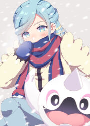 Rule 34 | 1boy, aqua eyes, aqua hair, blue mittens, blue scarf, blush, cetoddle, commentary request, creatures (company), eyelashes, game freak, grusha (pokemon), hand up, highres, ichigomilk1515, jacket, long hair, long sleeves, male focus, mittens, nintendo, pants, pokemon, pokemon (creature), pokemon sv, scarf, scarf over mouth, snowing, striped clothes, striped scarf, yellow jacket