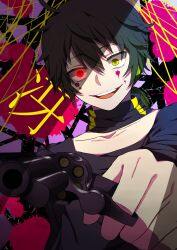 Rule 34 | 1boy, aiming, aiming at viewer, black hair, clenched teeth, collarbone, dark konoha, evil grin, evil smile, grey shirt, grin, gun, gun pointing at viewer, hair between eyes, handgun, heterochromia, highres, holding, holding gun, holding weapon, kagerou project, kiina (mrnsor), konoha (kagerou project), long sleeves, looking at viewer, male focus, mekakucity actors, multicolored background, open mouth, outer science (vocaloid), pointing gun, red eyes, revolver, shirt, short hair, smile, solo, splatter, splatter background, teeth, upper body, vocaloid, weapon, wide-eyed, yellow eyes