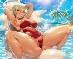 Rule 34 | 1girl, absurdres, afloat, alternate costume, arms behind head, blonde hair, blush, breasts, cleavage, cleavage cutout, clothing cutout, commission, commissioner upload, dark-skinned female, dark skin, fire emblem, fire emblem: the binding blade, fire emblem heroes, highres, igrene (fire emblem), large breasts, long hair, looking at viewer, mole, mole under eye, nintendo, non-web source, one-piece swimsuit, open mouth, red one-piece swimsuit, sajittari, skeb commission, solo, spread legs, swimsuit, thighs, tropical, wet, wet clothes, wet swimsuit, yellow eyes