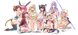 Rule 34 | 10s, 6+girls, absurdres, ahoge, alicia crystella, animal ears, aqua eyes, arm support, armor, armored boots, artist name, ass, bare shoulders, black hair, blonde hair, blue eyes, blush, boots, bracelet, braid, breasts, brown eyes, brown hair, cat ears, cat tail, celestine baudelaire, cleavage, collar, covered erect nipples, crop top, crop top overhang, dark-skinned female, dark skin, edelgard (isekai maou), elf, fang, fingernails, flat chest, frills, glasses, gloves, green eyes, green panties, hair ornament, hair tubes, hand on knee, high heels, highres, holding, holding weapon, horns, isekai maou to shoukan shoujo no dorei majutsu, jewelry, kneeling, krebskulm, large breasts, lifted by self, loincloth, loincloth lift, long hair, looking at viewer, looking over eyewear, maid headdress, matching hair/eyes, medium breasts, mei (isekai maou), metal collar, mole, mole under eye, mouth hold, multiple girls, nail polish, navel, necklace, no bra, off shoulder, open mouth, panties, parted lips, pink eyes, pink hair, pink nails, pink panties, pointy ears, purple hair, purple nails, rabbit ears, red eyes, red hair, rem galleu, revealing clothes, shera l. greenwood, shoes, short hair, simple background, sitting, small breasts, smile, sylvie (isekai maou), tail, teruchan, twintails, underwear, wariza, weapon, white background