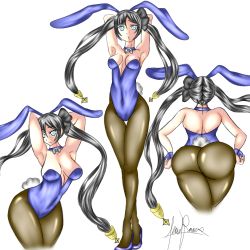 Rule 34 | 1girl, animal ears, arms behind back, arms behind head, arms up, ass, back, black hair, blue eyes, breasts, choker, dilane93, female focus, genshin impact, hair ornament, hands on own hips, high heels, leotard, long hair, long legs, mona (genshin impact), pantyhose, playboy bunny, rabbit ears, rabbit tail, small breasts, solo, tail