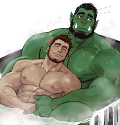 Rule 34 | 2boys, abs, bara, bathtub, beard, blush, colored skin, completely nude, couple, dopey (dopq), facial hair, fangs, green skin, highres, interspecies, knees up, large pectorals, leaning on person, male focus, monster boy, multiple boys, muscular, muscular male, nipples, nude, orc, original, pectorals, pointy ears, same-sex bathing, shared bathing, short hair, size difference, sleeping, sleeping on person, upper body, wet, yaoi
