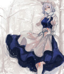 Rule 34 | 1girl, apron, bad id, bad pixiv id, blue dress, dress, female focus, hat, letty whiterock, minase (mmakina), nature, outdoors, short hair, snow, snowing, solo, touhou, white hair
