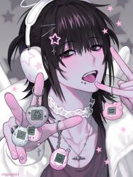 Rule 34 | 1boy, black hair, black shirt, choker, game over, gyuing666, hair ornament, hairclip, halo, headphones, highres, jacket, male focus, medium hair, open clothes, open jacket, open mouth, original, piercing, pink nails, pink theme, shirt, solo, tongue, tongue out, upper body, white choker, white jacket