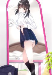 Rule 34 | 1girl, aphilia (kiyomin), ass, black hair, black socks, blue skirt, blurry, blurry background, blush, brown hair, clock, closed mouth, clothes in mouth, collared shirt, commentary request, cup, depth of field, head tilt, highres, kiyomin, kneehighs, long sleeves, looking at viewer, mouth hold, mug, original, panties, plant, pleated skirt, potted plant, red eyes, reflection, shirt, shirt in mouth, silver hair, skirt, sleeves past wrists, socks, solo, standing, underwear, wall clock, white panties, white shirt