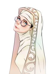 Rule 34 | 1girl, alternate costume, bad id, bad tumblr id, bayonetta, bayonetta (series), black hair, blue eyes, breasts, glasses, highres, lips, looking at viewer, mole, mole under mouth, nun, revision, short hair, simple background, smile, solo, superboin, traditional nun, white background