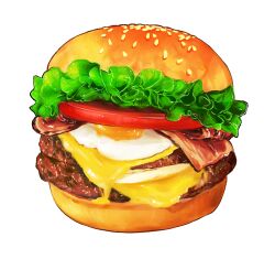 Rule 34 | bacon, bread, burger, cheese, food, food focus, fried egg, lettuce, meat, no humans, original, sesame seeds, still life, tomato, tomato slice, transparent background, tyatorabo