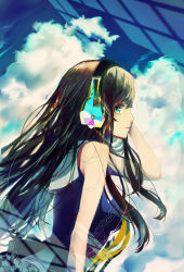 Rule 34 | 1girl, arm up, bad id, bad pixiv id, bare arms, black hair, cloud, dress, from side, green eyes, headphones, long hair, looking at viewer, original, profile, sky, solo, suono