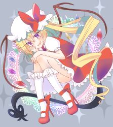 Rule 34 | ass, blonde hair, bow, dress, flandre scarlet, frilled socks, frills, grin, hand on own face, hat, high heels, laevatein (tail), mob cap, red bow, red dress, side ponytail, smile, socks, tail, touhou, white socks, wings, ying1hua1