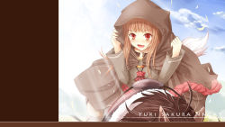 Rule 34 | 1girl, artist name, blush, brown hair, cape, cloud, fang, highres, holo, hood, horse, horseback riding, jewelry, long hair, looking at viewer, necklace, nncat, open mouth, pouch, red eyes, riding, sash, sky, smile, solo, spice and wolf, tail, wallpaper