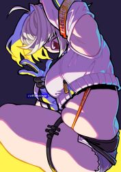 Rule 34 | 1girl, :d, ahoge, artist name, black gloves, blonde hair, breasts, clothing cutout, cottonwings, crop top, crop top overhang, cropped sweater, elegg (nikke), exposed pocket, gloves, goddess of victory: nikke, grey shorts, hair intakes, hair over eyes, large breasts, long bangs, long sleeves, looking at viewer, micro shorts, multicolored clothes, multicolored gloves, navel, open mouth, plump, short hair, shorts, shoulder cutout, sitting, smile, solo, suspender shorts, suspenders, thigh strap, thighs, w