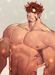 Rule 34 | 1boy, abs, bara, embers, facial hair, frown, goatee stubble, highres, huge eyebrows, huge pectorals, long sideburns, looking at viewer, male focus, muscular, muscular male, mutton chops, navel, navel hair, nipples, original, red eyes, red hair, short hair, sideburns, sideburns stubble, solo, stomach, strongman waist, stubble, thick eyebrows, ttn (239 239)