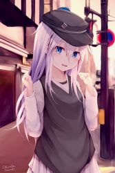 Rule 34 | 1girl, :d, absurdres, alternate costume, black hat, black vest, blue eyes, blush, collarbone, commentary request, flat cap, hair between eyes, hands up, hat, hibiki (kancolle), highres, kantai collection, long hair, long sleeves, looking at viewer, no parking sign, open mouth, outdoors, pleated skirt, road sign, shirt, sign, skirt, smile, solo, tateishi kureha, teeth, twitter username, upper teeth only, very long hair, vest, white hair, white shirt, white skirt