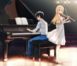 Rule 34 | 1boy, 1girl, arima kousei, bare shoulders, black-framed eyewear, black footwear, blonde hair, blue pants, bow (music), chair, collared shirt, commentary request, dress, glasses, highres, holding, holding instrument, holding violin, indoors, instrument, lights, looking to the side, miyazono kawori, music, pants, piano, piano bench, playing instrument, popuru, shigatsu wa kimi no uso, shirt, sitting, sleeves rolled up, smile, stage, standing, violin, white dress, white footwear, white shirt