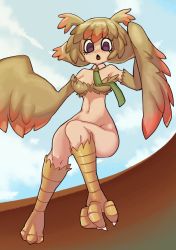 Rule 34 | 1girl, blonde hair, blush, bottomless, breasts, cleavage, commentary, detached collar, english commentary, eyelashes, feathered wings, freckles, green necktie, harpy, highres, ishuzoku reviewers, knees, kurt robinson, looking down, mimilo, mimiro (ishuzoku reviewers), monster girl, multicolored hair, navel, necktie, no pupils, open mouth, orange hair, purple eyes, solo, talons, tongue, winged arms, wings
