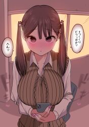 Rule 34 | 1girl, bag, blush, breasts, brown eyes, brown hair, cellphone, cleavage, commentary, earrings, hair ornament, heart, highres, jewelry, large breasts, long hair, looking at viewer, original, phone, pink nails, school bag, school uniform, smartphone, solo, sweater vest, translated, twintails, zurikishi