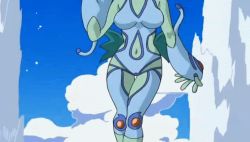 Rule 34 | 00s, 1girl, animated, animated gif, bare shoulders, blue one-piece swimsuit, breasts, cleavage, clothing cutout, cloud, colored skin, digimon, digimon frontier, facial mark, female focus, fish girl, gauntlets, green skin, monster girl, navel, navel cutout, one-piece swimsuit, open mouth, ranamon, red eyes, sky, smile, solo, swimsuit, water