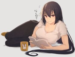 Rule 34 | 1girl, alternate costume, black hair, black pants, book, breasts, brown eyes, casual, cleavage, closed mouth, cup, grey background, hair between eyes, highres, kantai collection, kasumi (skchkko), large breasts, long hair, nagato (kancolle), pants, shirt, short sleeves, simple background, smile, solo, translated, white shirt