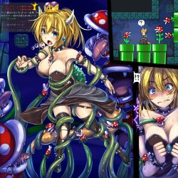 Rule 34 | 1girl, armlet, bare shoulders, bdsm, black dress, black thighhighs, blonde hair, blue eyes, blush, bondage, bound, bowsette, bracelet, breasts, collar, comic, crown, dress, flower, highres, horns, industrial pipe, jewelry, large breasts, mario (series), monikano, new super mario bros. u deluxe, nintendo, piranha plant, ponytail, sharp teeth, spiked bracelet, spiked collar, spikes, strapless, strapless dress, super crown, tail, teeth, tentacles, thighhighs, torn clothes, torn legwear, translation request, turtle shell