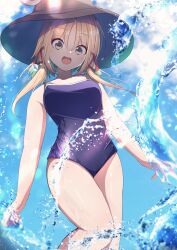 Rule 34 | 1girl, :d, absurdres, black one-piece swimsuit, blonde hair, blue sky, breasts, brown headwear, commentary request, darumoon, highres, horizontal pupils, looking at viewer, medium breasts, medium hair, moriya suwako, one-piece swimsuit, open mouth, outdoors, school swimsuit, sidelocks, sky, smile, solo, swimsuit, thighs, touhou, water, yellow eyes