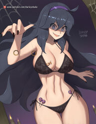 Rule 34 | 1girl, @ @, ahoge, barleyshake, black bra, black eyes, black hair, black nails, black panties, bra, breasts, candy, coin, coin on string, creatures (company), floral print, food, game freak, hairband, halloween, hex maniac (pokemon), highres, holed coin, hypnosis, large breasts, lollipop, long hair, looking at viewer, mind control, navel, nintendo, open mouth, panties, pendulum, pokemon, pokemon xy, print bra, purple hairband, side-tie panties, silk, smile, solo, spider web, underwear