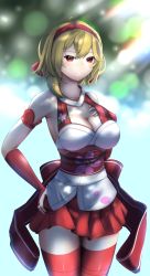 Rule 34 | 1girl, absurdres, blonde hair, breasts, cleavage, cosplay, firen inferno, hand on own chest, hand on own hip, highres, hololive, hololive indonesia, japanese clothes, kaela kovalskia, large breasts, looking at viewer, miko, red eyes, red ribbon, red skirt, ribbon, sakura miko, sakura miko (cosplay), sakura miko (old design), self-upload, skirt, smile, standing, thighhighs, virtual youtuber