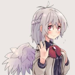 Rule 34 | 1girl, blush, bow, bowtie, braid, dress, flying sweatdrops, grey background, highres, jacket, kishin sagume, long sleeves, looking at viewer, red eyes, short hair, silver hair, simple background, single wing, smile, solo, thick eyebrows, touhou, upper body, waira, wings