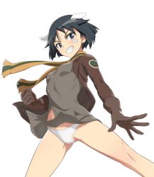 Rule 34 | 1girl, animal ears, bandaid, bandaid on face, black eyes, black hair, brave witches, brown gloves, brown jacket, clenched hand, dress shirt, gloves, grin, jacket, kanno naoe, nanashino, open clothes, open jacket, panties, scar, scarf, shirt, short hair, simple background, smile, solo, underwear, white background, white panties, world witches series, yellow scarf