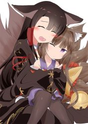 Rule 34 | 2girls, :d, ^ ^, akagi (azur lane), amagi-chan (azur lane), animal ears, azur lane, bell, black gloves, black hair, black legwear, brown hair, cheek-to-cheek, closed eyes, collarbone, commentary request, ear down, eyeshadow, fingerless gloves, fox ears, fox girl, fox tail, gloves, hair tubes, head tilt, heads together, heart, heart in mouth, height difference, hug, hug from behind, japanese clothes, kimono, kitsune, kyuubi, long hair, makeup, multiple girls, multiple tails, off shoulder, one eye closed, open mouth, pantyhose, purple eyes, sidelocks, sitting, sitting on lap, sitting on person, smile, tail, toro yurei, twintails, white background, wide sleeves