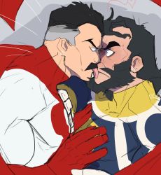 Rule 34 | 2boys, abraham lincoln, absurdres, bara, beard, black hair, blue bodysuit, blush, bodysuit, ear blush, eye contact, facial hair, forehead-to-forehead, grabbing, grey hair, groping, heads together, highres, imminent kiss, invincible (series), licking, licking another&#039;s face, licking lips, looking at another, male focus, mature male, motion lines, multiple boys, muscular, muscular male, mustache, noses touching, old, old man, omni-man, pectoral grab, pectorals, scullvi, short hair, sideburns, superhero costume, surprised, the immortal (invincible), thick eyebrows, tongue, tongue out, undercut, upper body, white bodysuit, wide-eyed, yaoi