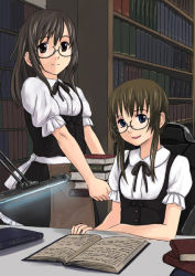 Rule 34 | 2girls, book, ganzyu i, glasses, lamp, librarian, library, multiple girls, open book, reading, smile