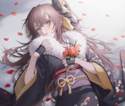 Rule 34 | 1girl, black gloves, brown hair, flower, girls&#039; frontline, gloves, hair ribbon, holding, holding flower, japanese clothes, kimono, long hair, looking at viewer, lying, new year, official alternate costume, on back, open mouth, partially fingerless gloves, petals, ribbon, scar, scar across eye, scar on face, simple background, solo, ump45 (girls&#039; frontline), ump45 (lonely traveler of eternity) (girls&#039; frontline), urano ura, yellow eyes