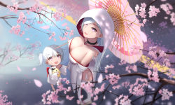 Rule 34 | 2girls, azur lane, belfast (azur lane), black choker, breasts, chain, chain necklace, cherry blossoms, choker, cleavage, dress, from above, highres, holding, holding umbrella, japanese clothes, jewelry, kimono, large breasts, little bel (azur lane), long hair, looking at another, looking at viewer, manjuu (azur lane), multiple girls, necklace, oil-paper umbrella, open mouth, parasol, petals, purple eyes, sandals, shigatsu (4gate), short hair, side ponytail, silver hair, smile, standing, thighhighs, uchikake, umbrella, white dress, white legwear