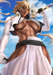 Rule 34 | 1girl, artist name, bleach, blonde hair, blue sky, breast tattoo, breasts, clenched hand, cloud, dandon fuga, dark skin, dark-skinned female, energy, facial mark, female focus, gloves, green eyes, highres, holding, holding sword, holding weapon, large breasts, long hair, looking at viewer, navel, number tattoo, parted lips, revealing clothes, sky, solo, standing, sword, tattoo, tier harribel, underboob, weapon