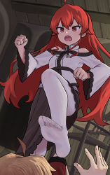 Rule 34 | 1boy, 1girl, ahoge, clothing cutout, eris greyrat, feet, foot focus, foot on another&#039;s face, foreshortening, highres, indoors, long hair, long sleeves, mushoku tensei, no shoes, open mouth, pantyhose, red eyes, red hair, rudeus greyrat, shoulder cutout, skirt, soles, toes, urin (littleurin), white pantyhose, wide sleeves