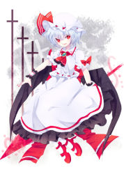 Rule 34 | 1girl, ascot, bat wings, blue hair, cross, hat, jewelry, nail polish, nonaka, open mouth, red eyes, remilia scarlet, ribbon, shoes, short hair, short sleeves, smile, solo, spear the gungnir, touhou, wings