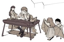 Rule 34 | 1boy, 3girls, apron, bags under eyes, blanket, boots, chair, chilchuck&#039;s wife, chilchuck tims, child, closed eyes, collared shirt, covering with blanket, cross-laced footwear, dress, dungeon meshi, elbows on table, family, father and daughter, fullertom (dungeon meshi), halfling, hand on own cheek, hand on own face, head rest, highres, holding, holding blanket, holding clothes, kimsun 28, lace-up boots, letterboxed, long hair, long sleeves, looking at another, monochrome, multiple girls, no eyes, packpatty (dungeon meshi), pants, pants tucked in, rug, shirt, shoes, short hair, sidelocks, sleeping, sleeping upright, sleeves rolled up, smile, standing, table, unworn clothes, white background