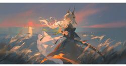 Rule 34 | 1girl, arknights, black jacket, blonde hair, blue eyes, commentary, dragon horns, dragon tail, dress, english commentary, flower, from side, highres, holding, holding flower, horns, infection monitor (arknights), jacket, koujuan, long hair, looking at viewer, off shoulder, parted lips, reed (arknights), reed the flame shadow (arknights), solo, sunset, tail, water, wheat, white dress, white flower, wide shot