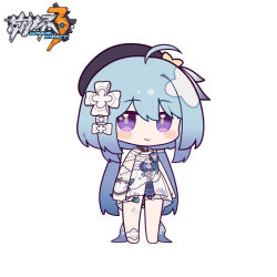 Rule 34 | 1girl, ahoge, bare shoulders, barefoot, beret, black hat, blue hair, blush stickers, chibi, closed mouth, copyright name, dress, eta, griseo, griseo (starry impression), hair between eyes, hat, holding, holding paintbrush, honkai (series), honkai impact 3rd, long hair, looking at viewer, low twintails, paintbrush, purple eyes, simple background, smile, solo, twintails, very long hair, white background, white dress